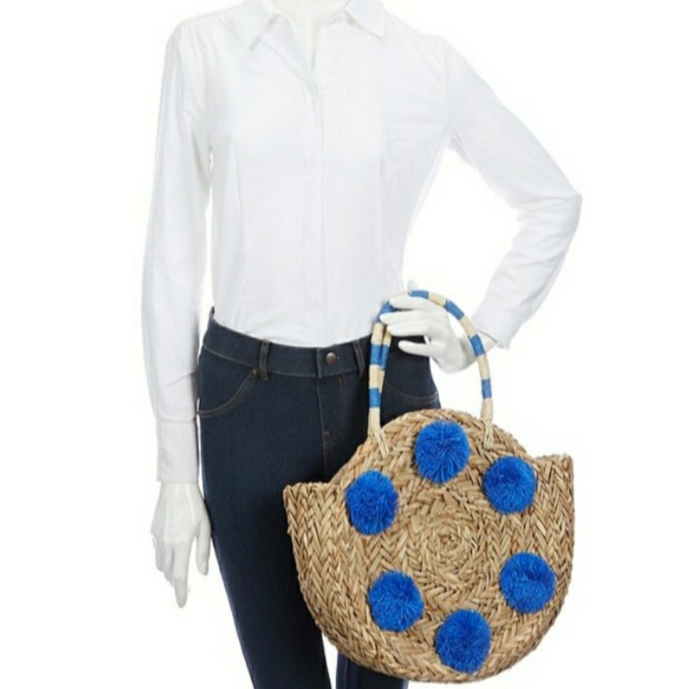 New Mudpie Pom Pom Circle Grass Boho Tote Bag. - Picture 4 of 8